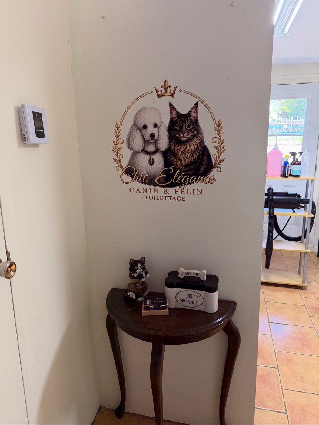 Entrée du salon Chic Élégance Toilettage à Québec, avec logo mural et coin d'accueil
